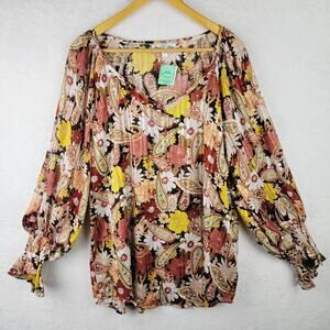 Whimsical 1X Top Pullover Sheer Long Sleeve V Neck Colorful Floral Cottagecore
